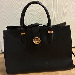 Ralph Lauren Black Textured Leather Tote with Gold Emblem